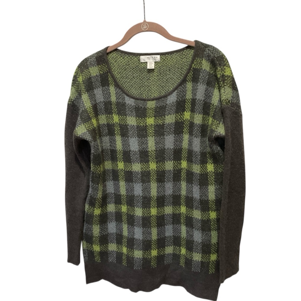 KENAR Green & Gray Plaid Mohair Blend Tunic Sweater Size Medium Casual